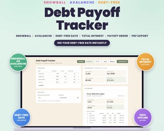 Debt Payoff Tracker App, Snowball and Avalanche Debt Planner | Debt Free Date and Interest Calculator | Printable PDF, Offline