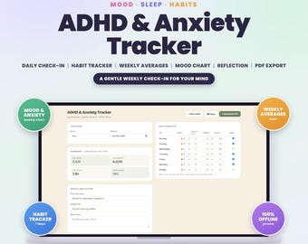 ADHD and Anxiety Tracker App, Weekly Mood Anxiety and Habit Check-in | Mental Health Self-Care Journal | Printable PDF, Offline
