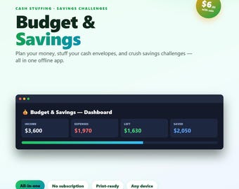 Budget & Savings Challenge Tracker App | Cash Stuffing, Cash Envelope Planner, Budget Template, 100 Envelope Challenge | Offline