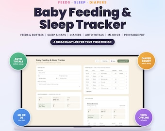 Baby Feeding and Sleep Tracker App, Newborn Daily Log for Feeds Naps and Diapers | Printable PDF, ml or oz | Offline, No Subscription