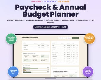 Paycheck and Annual Budget Planner App, Monthly Budget Template with 50 30 20 | Savings Rate Tracker | Printable PDF, Offline