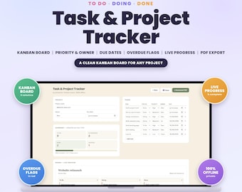Task and Project Tracker App, Kanban Board with Priorities, Owners and Due Dates | Progress and Overdue Tracking | Printable PDF