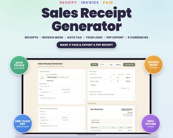 Sales Receipt Generator App, PDF Receipt Maker | Invoice Maker Included for Small Business | Printable, Offline, No Subscription