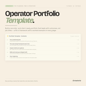 May include: An Operator Portfolio Template document featuring 14 pages in A4 format. The text reads Operator Portfolio Template, with a contents list including Your positioning line, The case-study framework, Impact metrics, and Your trajectory.