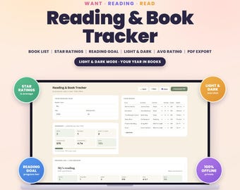 Reading and Book Tracker App with Light and Dark Mode, Book Log with Star Ratings and Reading Goal | Printable PDF, Offline