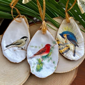 Bird Ornament, Oyster Shell Ornament, Christmas Ornament Handmade, Christmas Tree Ornament, Holiday Decor,Decoupage Coastal Holiday Ornament