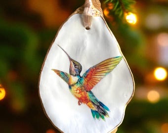 Hummingbird Oyster Ornament, Christmas Ornament Handmade, Bird Ornament, Christmas Tree Ornament, Holiday Decor,Decoupage Oyster Ornament