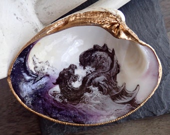 Clam Shell Dish, Decoupage Shell, Trinket Dish, Ring Dish, Sea Monster Art Decor ,Gold Shell,Shell Art, Mythological Art, Painted Shell Dish