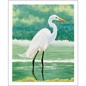 Great Egret Watercolor Print, Original Bird Art Painting, Shorebird Wall Art for Nature Lovers, Serene Pastel Wildlife Art Print Gift