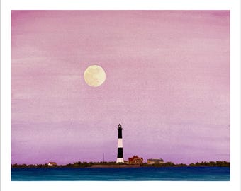 Fire Island Lighthouse Sturgeon Moon, originele aquarelprint, kunst aan de kust kust, strandscène maansopgang, landschap oostkust