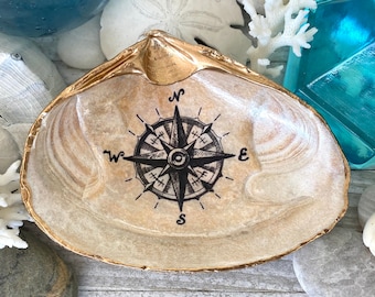 Clam Shell Dish,Decoupage Clam Shell,Compass Art,Clam Shell Ring Dish,Jewelry Dish Gold,Coastal Decor,Beach House Decor,Gift for Dad