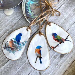 Oyster Ornament, Christmas Ornament Handmade, Songbird Bird Ornament, Christmas Tree Ornament, Holiday Decor,Decoupage Oyster Ornament