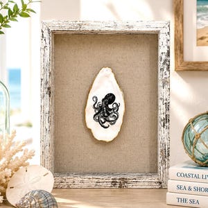 Oktopus-Austernschalen-Schattenbox-Kunst, Meereskunst, maritime Dekoration, Strandhaus-Akzent, Geschenk für Meeresliebhaber