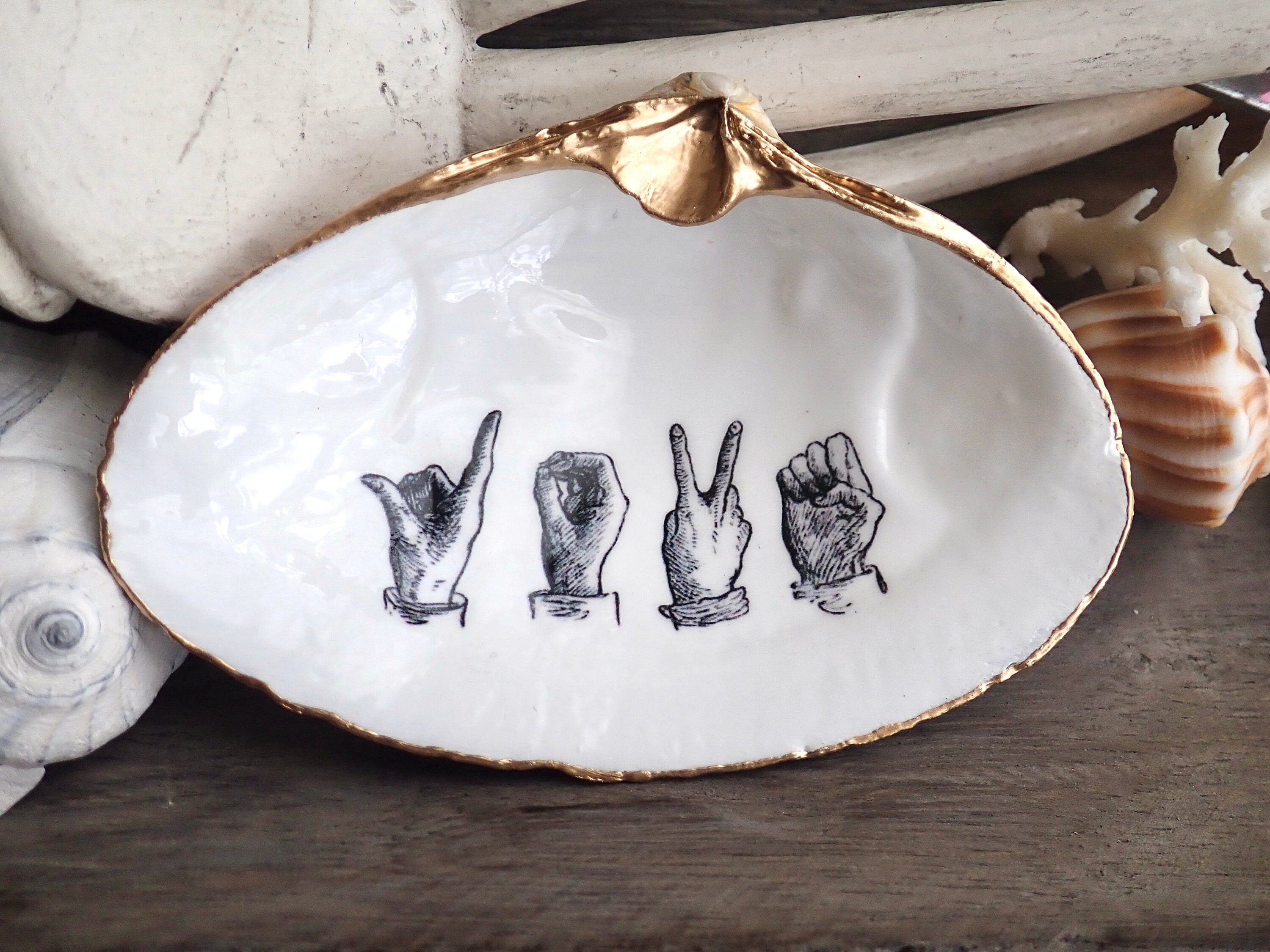 Asl Sign Shell Sign Language ASL LOVE Gift, Sign Language Jewelry Dish, Decoupage Clam ...