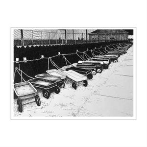 Stampa originale a penna e inchiostro del molo dei traghetti di Ocean Beach, arte in bianco e nero di Fire Island Beach, arte retrò di una città balneare, decorazioni costiere per case sulla spiaggia