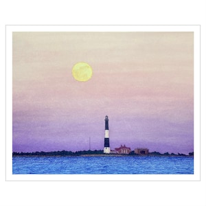 Faro di Fire Island, alba lunare, stampa acquerello originale, arte murale costiera, scena di spiaggia al sorgere della luna, paesaggio della costa orientale in edizione limitata