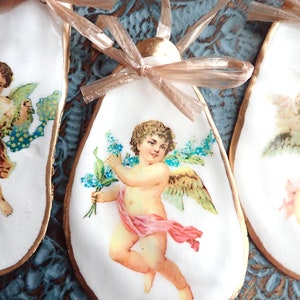 Oyster Shell Ornaments with Angels, Angel Christmas Ornaments, Holiday Tree Ornaments, Decoupage Oyster Shell Ornaments, Ornament Gift Set