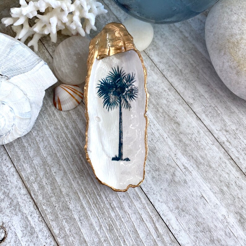 Palm Tree Art, Decoupage Oyster Shell,Coastal Decor,Hostess Gift,Nautical Decor,Ring Dish,Small Trinket Dish,Ring Holder Dish,Tropical Decor image 6