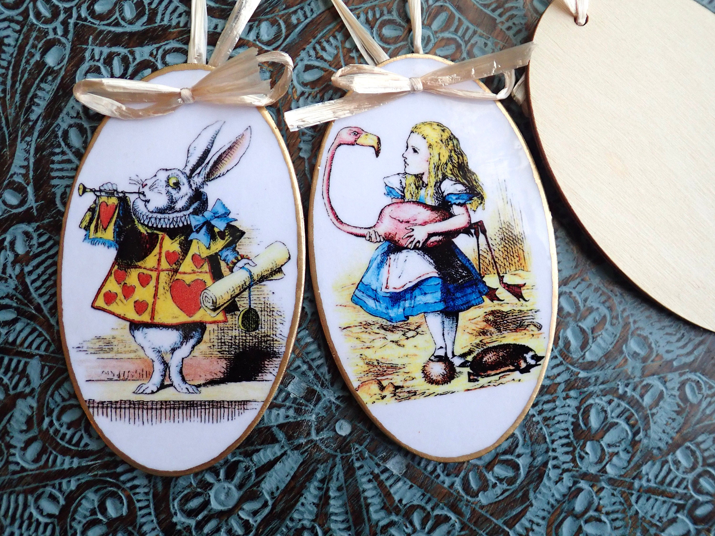 Holiday Ornaments Hand Colored, Christmas Tree Ornament , Alice in Wonderland, Decoupage Ornaments, Holiday Accents, Mini Wall Hangings