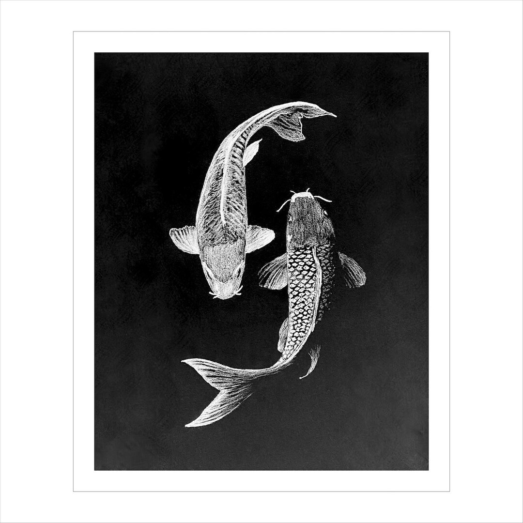 Koi Fish Yin Yang Wall Art Print, B&W Drawing Decor, Japanese Zen ...