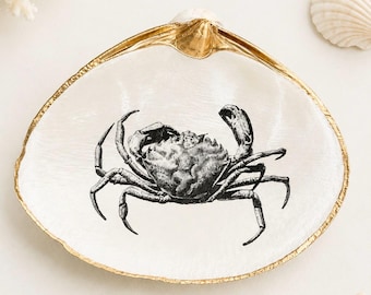 Concha de almeja para decoupage, Plato de concha marina, Arte de cangrejo, Decoración costera, Plato para anillos, Plato para joyas, Concha de almeja, Plato para baratijas, Regalo náutico, Decoración del hogar con cangrejo