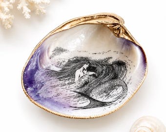 Vintage Mermaid Clam Shell Ring Dish, Coastal Decor, Housewarming, Ocean Lover Gift