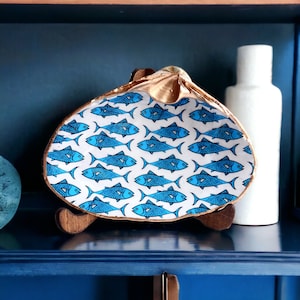 Blue and White Fish Decoupage Clam Shell Dish,Sea Shell Ring Dish,Coastal Decor, Shell Jewelry Trinket Dish Gold, Nautical Gift, Home Accent