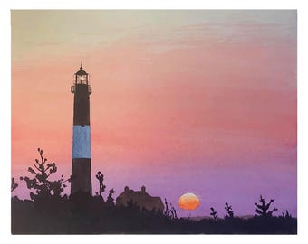 Fire Island-vuurtorenkunst, originele aquarelprint, rustige pastel zeegezichtkunst, strandhuis kustdecor, zonsopgang kustschildering