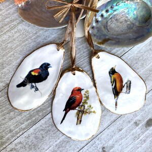 Oyster Ornament, Christmas Ornament Handmade, Songbird Bird Ornament, Christmas Tree Ornament, Holiday Decor,Decoupage Oyster Ornament