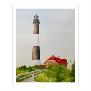 Arte del faro di Fire Island, stampa originale ad acquerello, paesaggio marino estivo soleggiato, regalo per la casa sulla spiaggia, dipinto di spiaggia