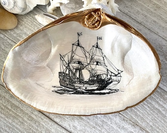 Clam Shell Bowl, Decoupage Clam Shell, Ship Art, Beach House Gift,  Shell Ring Dish,Jewelry Dish Gold,Coastal Hostess Gift,Gift for Dad