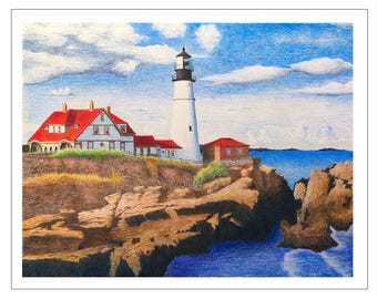 Portland Head Lighthouse Print, Beach Art Prints, Lighthouse Art, Coastal Wall Decor, Original  Art Prints, Maine Coast Art, Nautical Gift
