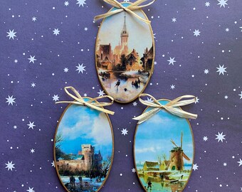 Vintage Winter Scenes Christmas Ornaments, Holiday Decor Ornaments, Handmade Wooden Ornaments, Ornament Gift Set, Castle Windmill Church