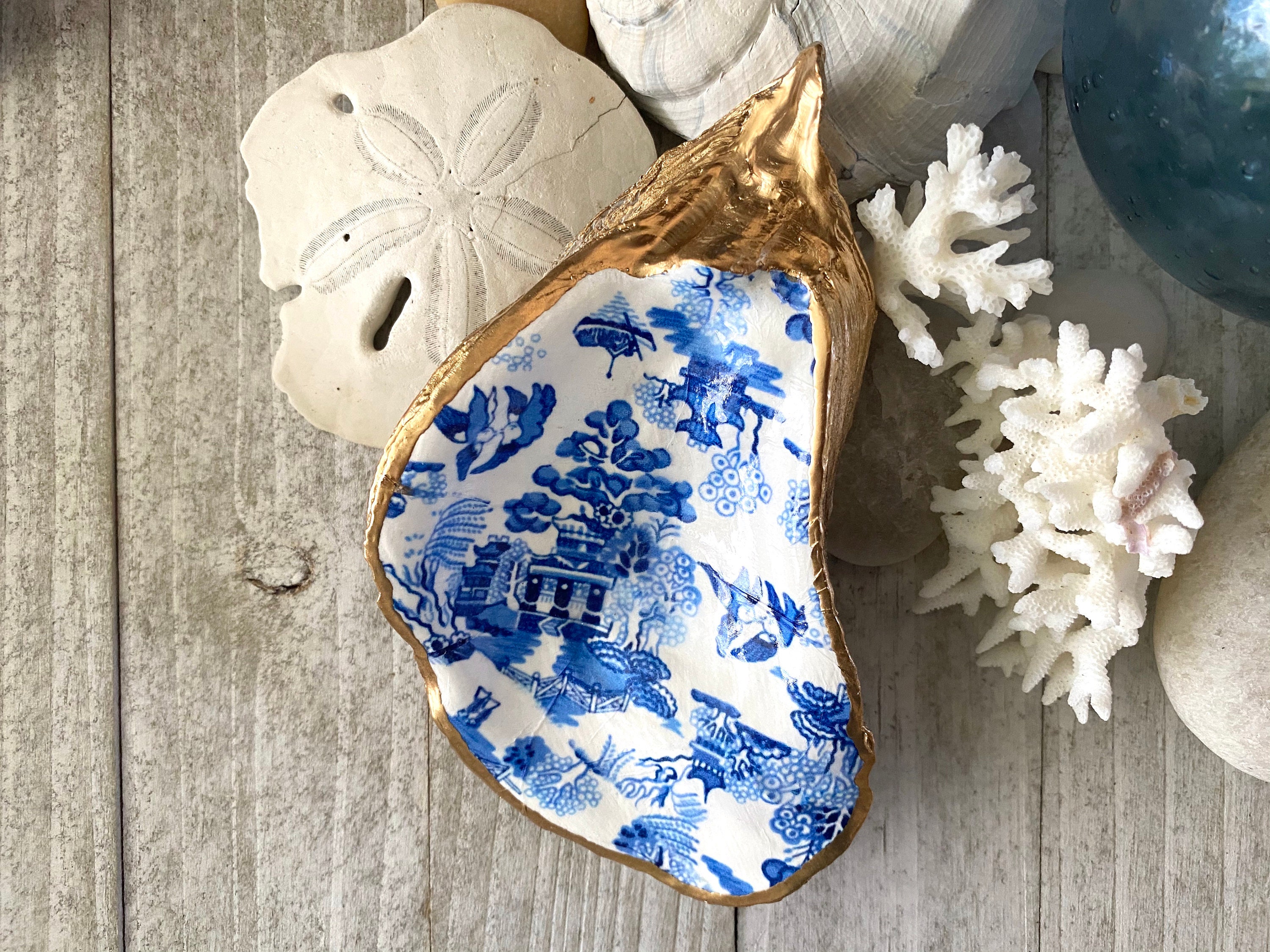 Chinoiserie Oyster Dish, Decoupage Oyster Shell,coastal Decor
