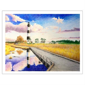 Beach Art Prints, Lighthouse Art, Coastal Wall Decor, North Carolina Art Print, Bodie Island Lighthouse, Outer Banks Art, Nautical Wall Gift