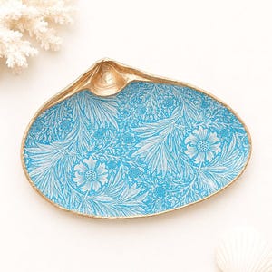 Floral Clam Shell Ring Dish | Something Blue Wedding Gift | Bridal Shower Favor | William Morris Inspired Decor, Decoupage Shell with Gold