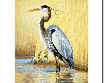 Great Blue Heron Watercolor Print, Original Bird Art Painting, Shorebird Wall Art for Nature Lovers, Wildlife Art Print, Bird Lover Gift