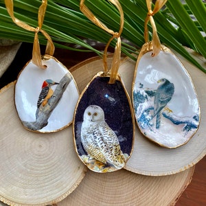 Christmas Ornament Handmade, Bird Ornament, Oyster Shell Ornament, Xmas Tree Ornament, Woodland Holiday Decor, Owl Hawk Woodpecker Ornament