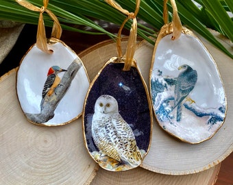 Christmas Ornament Handmade, Bird Ornament, Oyster Shell Ornament, Xmas Tree Ornament, Woodland Holiday Decor, Owl Hawk Woodpecker Ornament