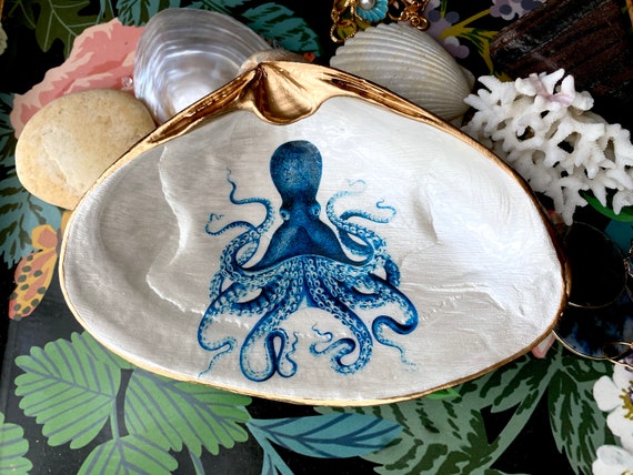 Octopus Decoupage Clam Shell, Octopus Art, Blue and White Gift