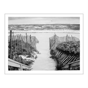 Stampa in bianco e nero con penna e inchiostro del sentiero sulla spiaggia delle dune di sabbia di Fire Island — Long Island Ocean Shore Art, decorazione murale costiera per case sulla spiaggia