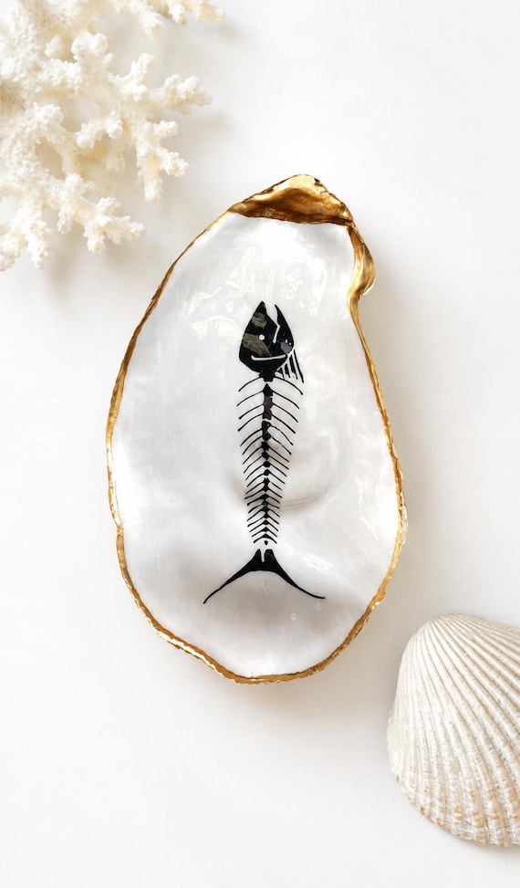 Trinket Dish, Ring Holder Dish, Fish Skeleton, Decoupage Oyster Shell, Halloween Decor, Beach House Decor, Coastal Decor, Ring Dish