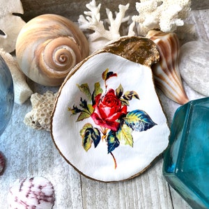 Bemalte Muschel, Schmuckschale, Ringschale, Blumenschale, Decoupage-Austernschale, Rosenmuschelkunst, Küstendekor, Blumenschmuckschale, Schmuckschale