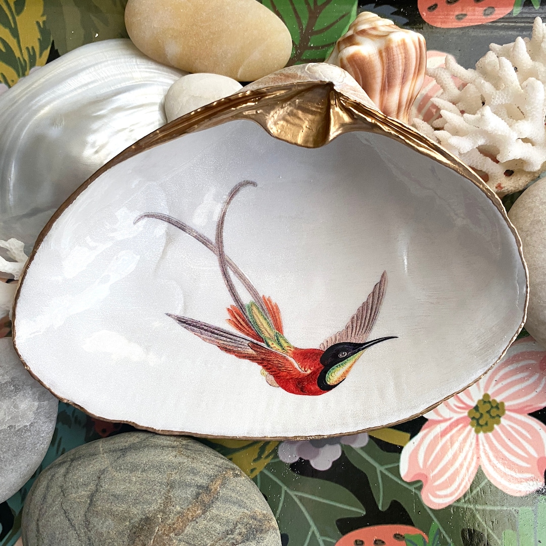 Hummingbird Decoupage Clam Shell Ring Trinket Dish, Bird Lover Decor ...