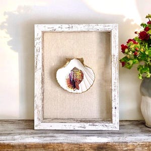 Shadowbox coquillage, art mural déco côtier, coquillages encadré, décoration de maison de plage, coquille Saint-Jacques de découpage, art de coquillage, art de conque