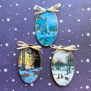 Winter Wonderland Christmas Ornaments, Decoupage Woodland Ornaments, Xmas Tree Ornaments, Ornament Gift Set, Winter Scene Handmade Ornament
