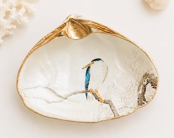 Concha de almeja para decoupage, decoración de aves, arte de aves playeras, garza nocturna, plato de anillos, concha pintada, regalo para amantes de las aves, plato de concha marina, arte de impresión japonesa