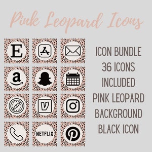 Pode incluir: Um conjunto de 12 ícones de aplicativos com fundo de estampa de leopardo rosa e ícones pretos. O texto "Pink Leopard Icons" está no topo. O pacote de ícones inclui 36 ícones.