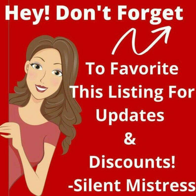 May include: A red background with white text that says "Hey! Don't Forget To Favorite This Listing For Updates & Discounts! -Silent Mistress". A cartoon woman with brown hair is peeking out from the left side of the image.