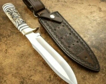 Handmade D2 Steel Hunting Knife, Bone Handle, Leather Sheath